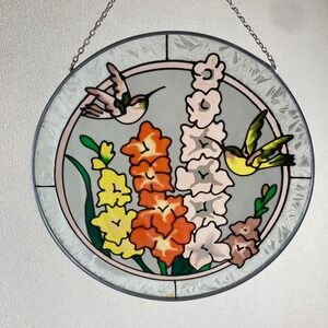 Vtg Hummingbird Painted‎ Glass Suncatcher Yellow/Orange Whimsical Cottagecore